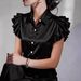 Women's Clothing Summer Satin Ruffle Short Sleeve Shirt Blouse Solid Color For Women For Formal & Casual For Women_ecoleips.com
