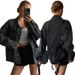 Chic Oversized Denim Shacket For Women, Black Casual Blazer Style Open Front Jacket, Winter Layering Essential_ecoleips.com