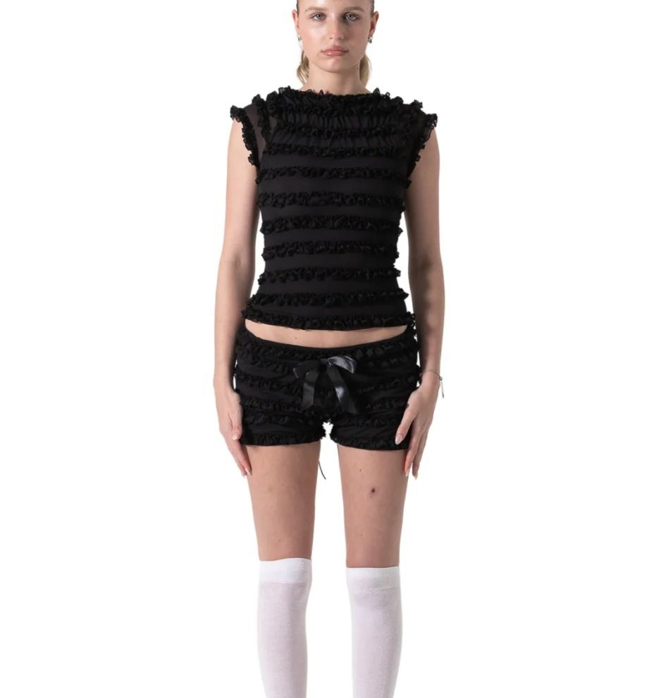 Cross-Border Sweet Spicy Girl Ruffled Hollow Out Tie Strap Camisole Women Summer Lace Trim Puffy Shorts Two-Piece_ecoleips.com