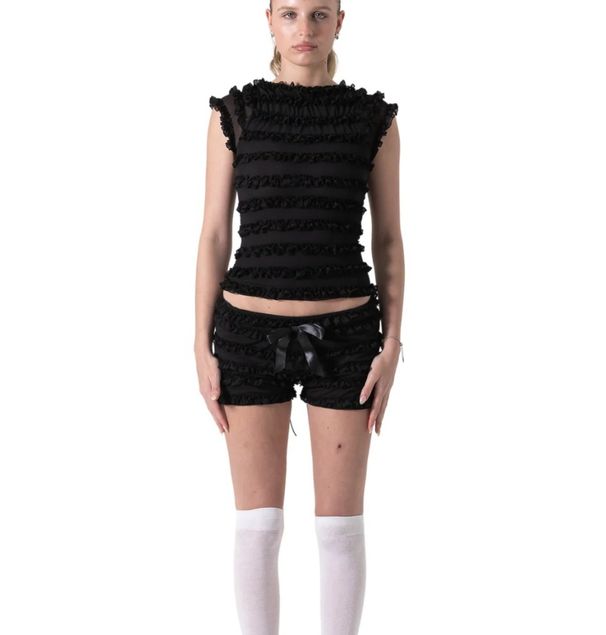Cross-Border Sweet Spicy Girl Ruffled Hollow Out Tie Strap Camisole Women Summer Lace Trim Puffy Shorts Two-Piece_ecoleips.com