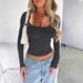 Women's Clothing Slim Fit Solid Color U Neck Long Sleeved Top_ecoleips.com