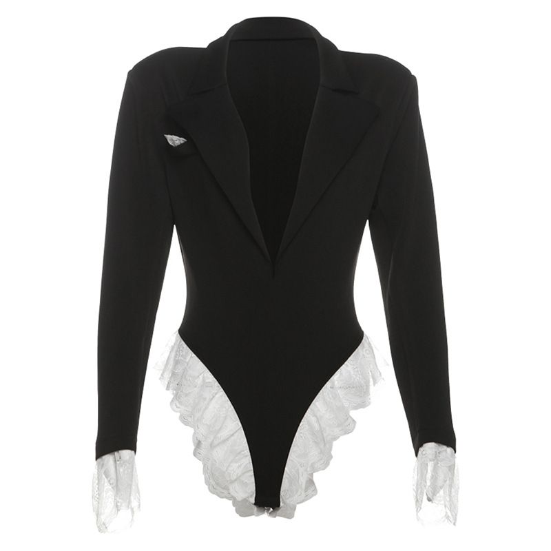 2024 Autumn Sexy Deep V Lapel Lace Long Sleeve Jumpsuit for Women Contrast Color European And American Style Hot Girl Fashion_ecoleips.com