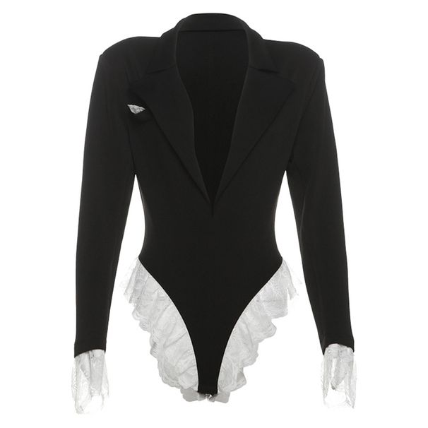 2024 Autumn Sexy Deep V Lapel Lace Long Sleeve Jumpsuit for Women Contrast Color European And American Style Hot Girl Fashion_ecoleips.com