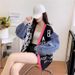 3D Geometric Knit Cardigan – Denim-Paneled Polyester Blend Open Front Sweater | Trendy Black/Yellow/Green/Pink (One Size)_ecoleips.com