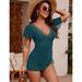 Women's One Piece Swimsuit V Neck Short Sleeve Slim Fit Sexy Bodycon Skirt Style Cross Border European American 2026 New_ecoleips.com