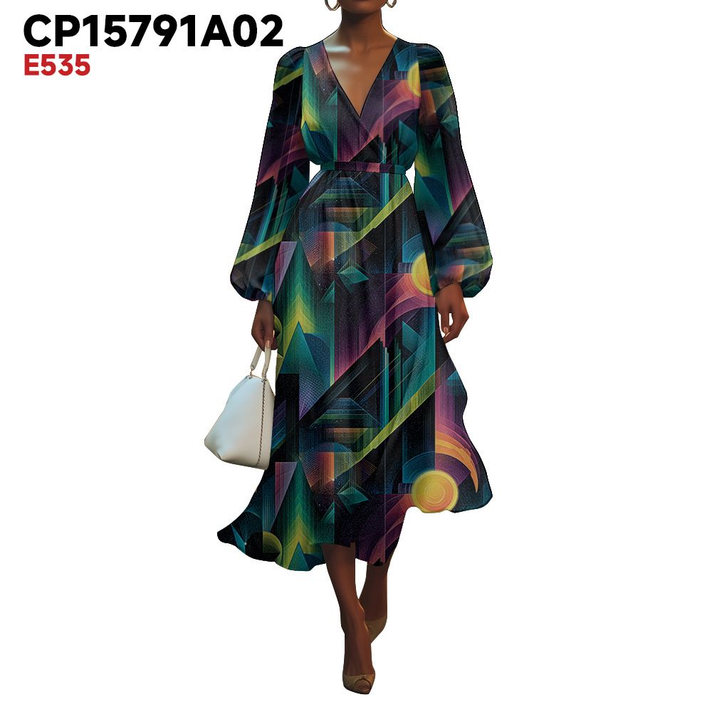 Women's V-Neck Dress Summer Fashion Floral Puff Sleeve Dress_ecoleips.com