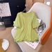 Women's Clothing Plus Size Loose Slim Oblique Needle Jacquard Square Collar Short Sleeved T Shirt_ecoleips.com