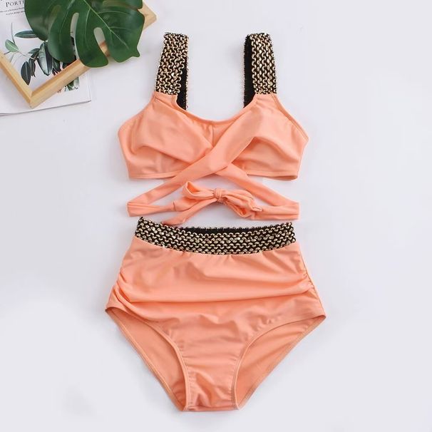 Sexy Crisscross Back Bikini Set – Solid Color High-Cut Swimwear (Trendy & Flattering For Beach & Pool)_ecoleips.com