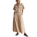 Women's Clothing Women's Fashion Set Summer Casual Solid Color Lapel Short Sleeve Shirt And Loose Long Skirt_ecoleips.com