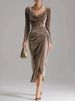 K Women's Casual Velvet Sexy New Long Sleeved Slimming Pleated Long Slit Hip Hugging Dress_ecoleips.com