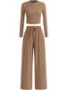 K New Two-piece Long Sleeved Crop Top, Wide Leg Pants, Solid Color Fashion Set_ecoleips.com