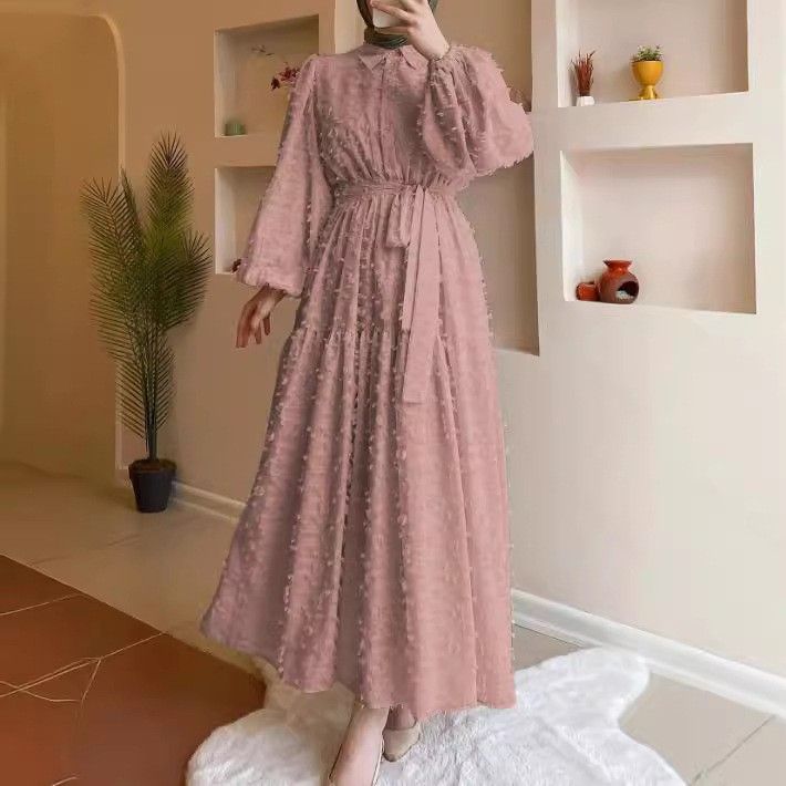 Elegant Jacquard Maxi Dress For Muslim Women High Neck, Long Sleeve, Flowy A-Line Silhouette With Belt – Modest Office & Evening Wear_ecoleips.com