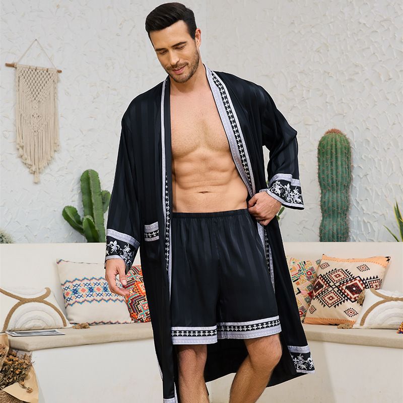 Voya New European And American Baroque Style Satin Robe Shorts Set Nightgown Men's Homewear_ecoleips.com