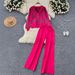 Women's Clothing Elegant Jacquard V-Neck Knit Cardigan & Pants Set Geometric Print, Long Sleeve, Stretch Comfort Fit (Rose Red/Black, S-XL)_ecoleips.com