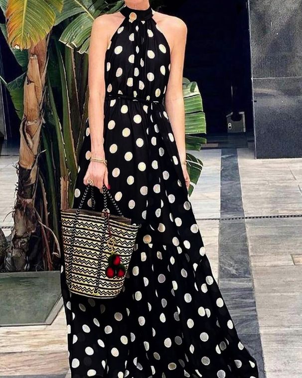 Women's Clothing Halter Neck Dress Black And White Polka Dot Print Fashion Dress Sleeveless Slim Fit Fashion Temperament_ecoleips.com
