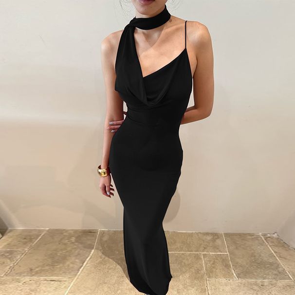 Women's Clothing 2025 Winter New Product Egant Sexy Neckline V-Neck Backss Slim Fit Solid Color Dress_ecoleips.com