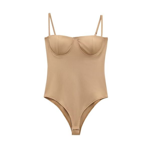 Women's Satin Touch Backless Bodysuit, Lace-Up Sexy Camisole Lingerie Style Top, Coffee Nude Army Green_ecoleips.com