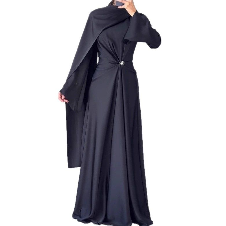 Muslim Dress Women Elegant Long-Sleeve Evening Dress – Slim Fit Modest Gown (Dark Blue, S-XXL)_ecoleips.com
