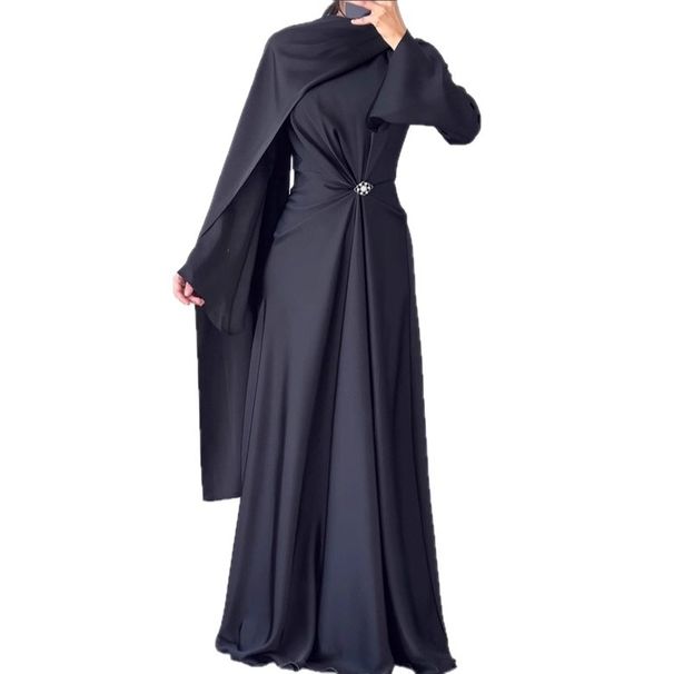 Muslim Dress Women Elegant Long-Sleeve Evening Dress – Slim Fit Modest Gown (Dark Blue, S-XXL)_ecoleips.com