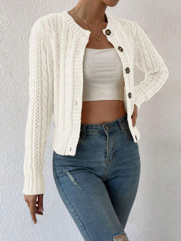 Women's Oversized Knit Cardigan – Cozy Round Neck Long Sleeve Sweater (Grey/Khaki/Black/White, S-XL)_ecoleips.com