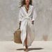 Women's Solid Color Shirt Collar Button Front Casual Dress With Pockets, 3/4 Sleeve Open Front Cardigan Midi Dress For Everyday Wear_ecoleips.com