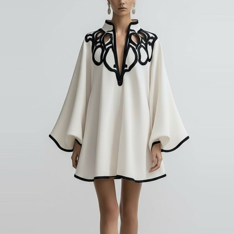 Lady Fashion Color Blocked Loose Holiday Dress Casual Long Sleeved Commuting Short Dresses Sexy Hollow Stand Collar Party Dress_ecoleips.com