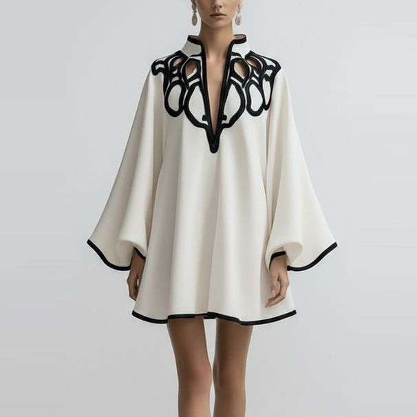 Lady Fashion Color Blocked Loose Holiday Dress Casual Long Sleeved Commuting Short Dresses Sexy Hollow Stand Collar Party Dress_ecoleips.com