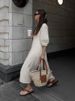 Freeacy Women's Solid Color Cotton And Linen Dress V-neck Puff Sleeves Buttoned Loose Fit Midi Dress Autumn Casual A-line Dress_ecoleips.com