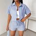 Women's Clothing Trend Lapel Casual Striped Shirt Short Sleeved Shorts Two Piece Suit For Women_ecoleips.com