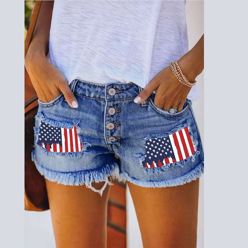 Distressed Denim Shorts Women's High Waisted Straight Leg Ripped Fringe Summer Casual Shorts With Flag Patch & Letter Print_ecoleips.com