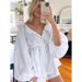 Summer Cotton-Poplin Bubble-Sleeve Fashion Casual Set With V-Neck, Ties, Ruffles, And Loose Comfort_ecoleips.com