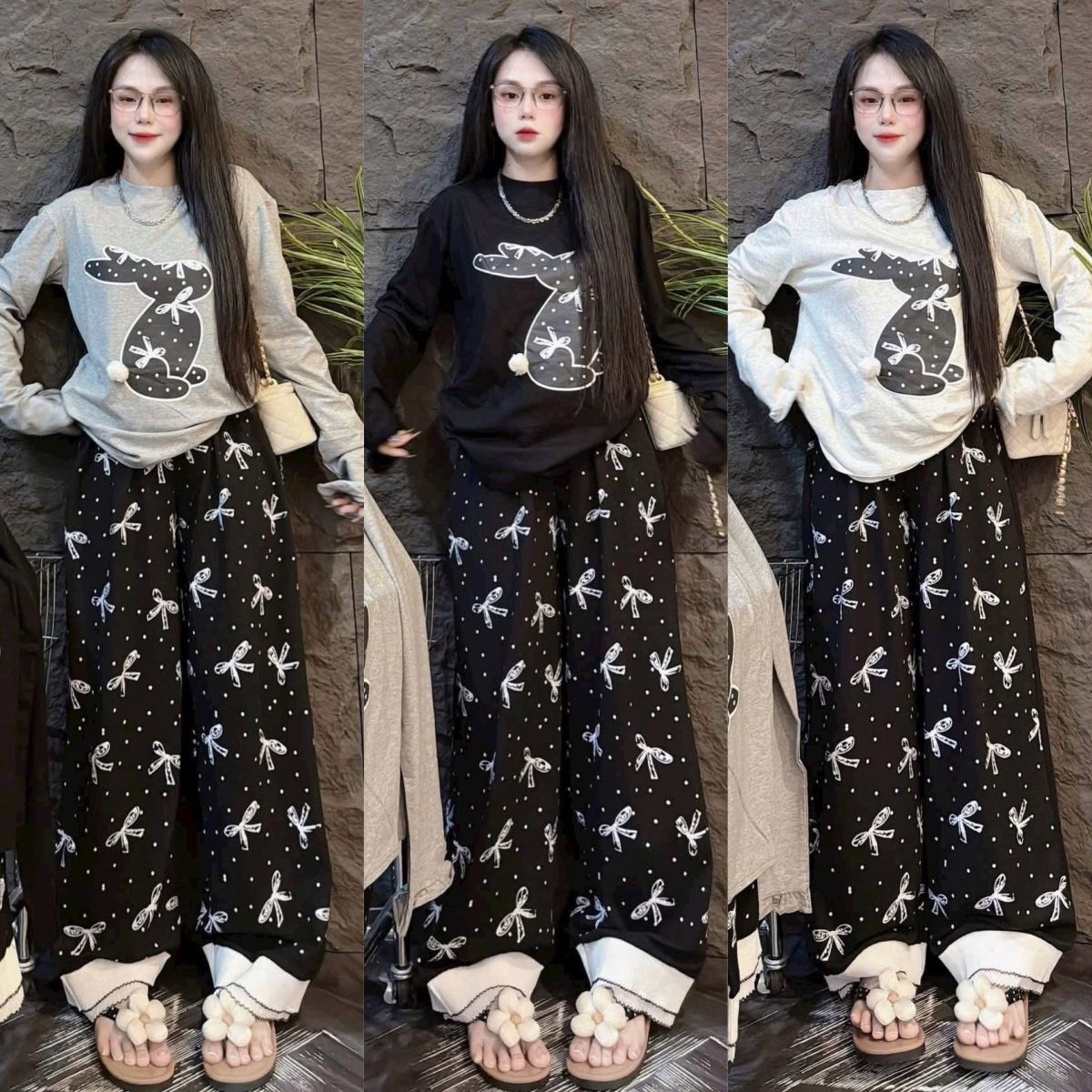 Southeast Asian Style Women's Matching Set - Long Sleeve Cartoon Print Top With Bow Detail & Wide Leg Pants_ecoleips.com