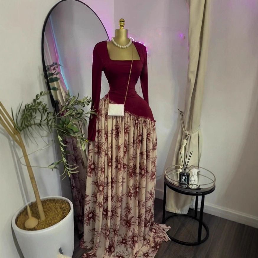 In Stock 2026 European And American Long-sleeve Ruffled Dress, Elegant, High-elastic, Sweet Printed Square-neck_ecoleips.com