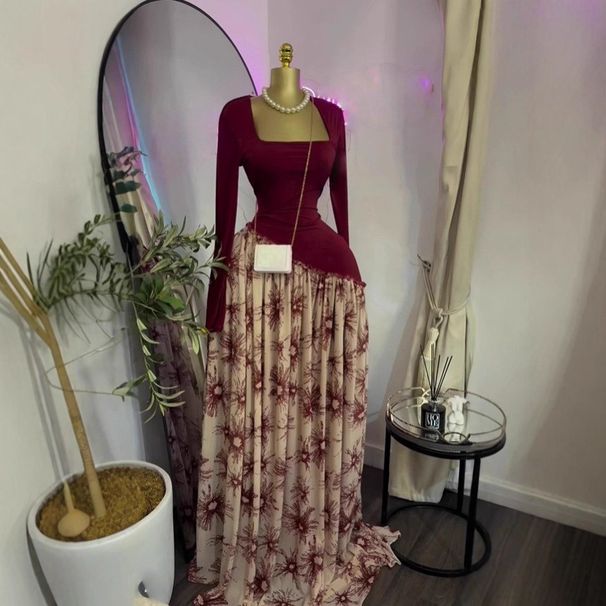 In Stock 2026 European And American Long-sleeve Ruffled Dress, Elegant, High-elastic, Sweet Printed Square-neck_ecoleips.com