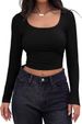 Women's Slim Fit Ribbed T-Shirt Base Layer Top Long Sleeve Low Neck Round Neck Large U Neck Spring_ecoleips.com