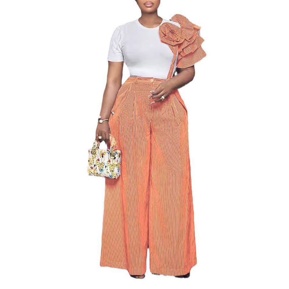Women's Clothing round neck short sleeve striped contrast color wide leg pants two piece set_ecoleips.com