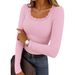 Women's Y2K Style Solid Color Lace Patchwork Long Sleeve T-Shirt Square Neck Slim Fit Casual Knit Top Comfortable Design_ecoleips.com