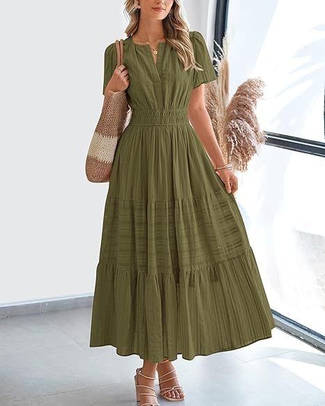 Women's Fashion Pleated Puff Sleeve Dress V Neck Layered Full Skirt European And American Style Spring/Summer Cross Border Trade_ecoleips.com