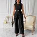 Women's Clothing Solid Color Tops Sleeveless Belt Two Piece Trousers Casual Suit_ecoleips.com