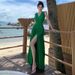 French Style Red V-neck Tie Halter Women, Perfect For Beach Vacation, Sexy Backless With Split, Slimming Long Dress_ecoleips.com