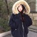 Vintage American Style Black Mountain Eagle Jacket For Women - Winter Fleece-Lined Short Coat With Hood & Detachable Rabbit Fur Collar_ecoleips.com