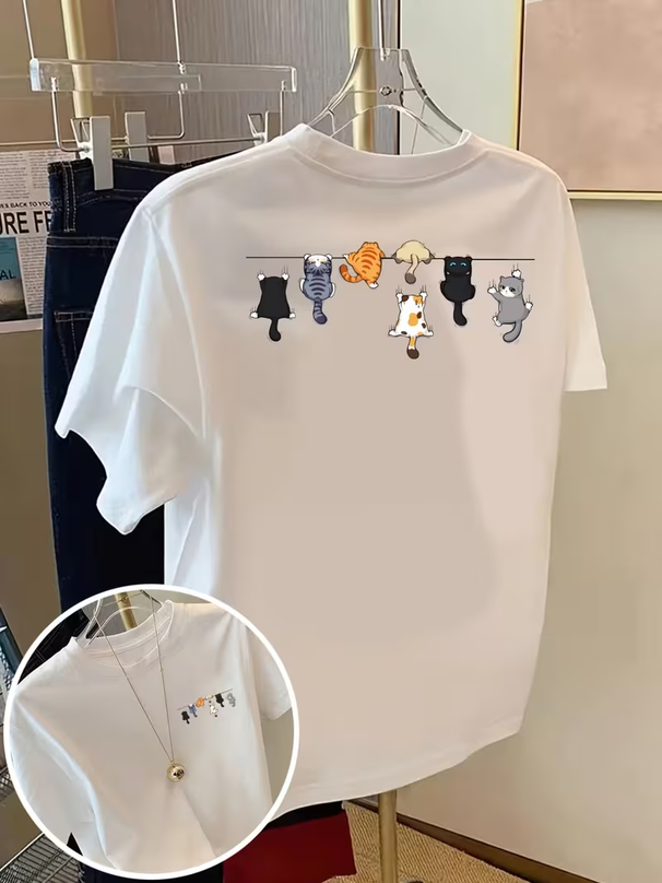 Cat Rope, Cartoon Cats Print Tshirt Short Sleeve Crew Neck Casual Top For Summer Spring, Women's Clothing_ecoleips.com