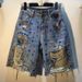 High Waisted Slimming Ripped Straight Leg Jeans European Style Rhinestone Studded Five Quarter Pants For Women Heavy Duty_ecoleips.com