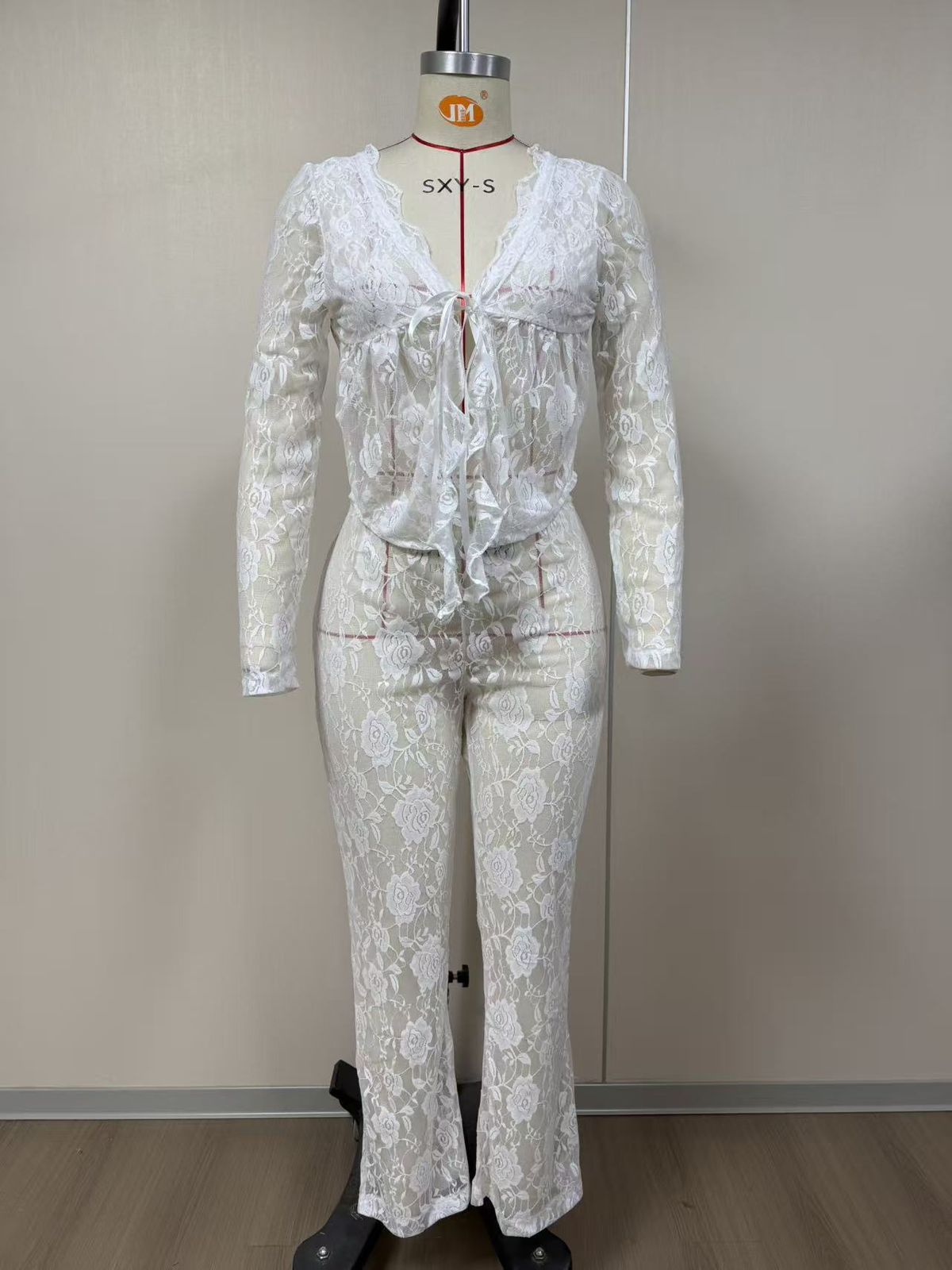 Spring Summer Women's Lace Top And Pants Two Piece Set Long Sleeved Hollow Out Cardigan Tie Waist American Style_ecoleips.com