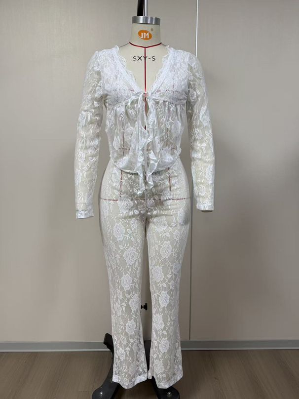 Spring Summer Women's Lace Top And Pants Two Piece Set Long Sleeved Hollow Out Cardigan Tie Waist American Style_ecoleips.com