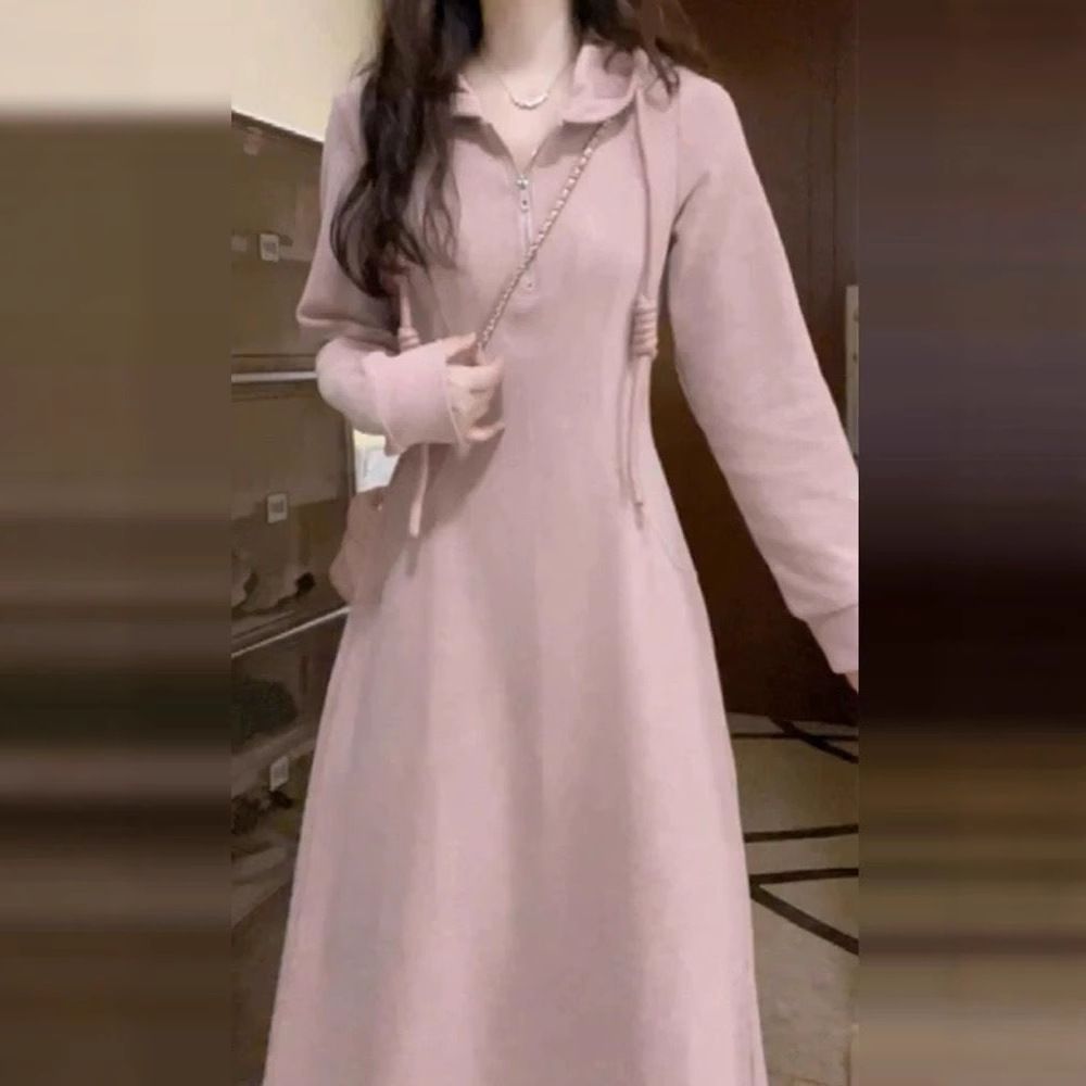 Women's European Style French Pink Hooded Dress Long Sleeved Gentle Style Sweatshirt Dress for Early Autumn/Winter 2024 New Arrival_ecoleips.com