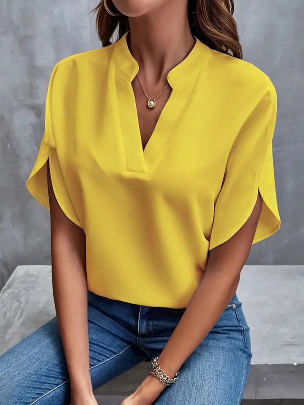 2025 European And American Women's New Shirts Summer Casual Solid Color V-neck Loose Shirt Top Women Elegant Office Lady_ecoleips.com
