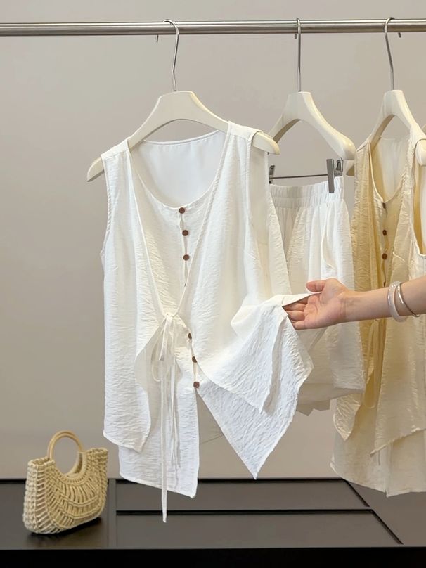 Women's Summer Fashionable Casual Suit Old Money Style High End Chic Loose Sleeveless Vest And Shorts Two Piece Set_ecoleips.com