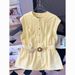 Women's French Style Stand up Collar Sleeveless Cardigan Shirt Unique Tea Colored Top with Belt New Summer Style_ecoleips.com