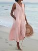 2025 Summer Export Solid Color Cotton Strap Style Elegant Commuter Trendy Long Loose Waist V-neck Pink Dress_ecoleips.com
